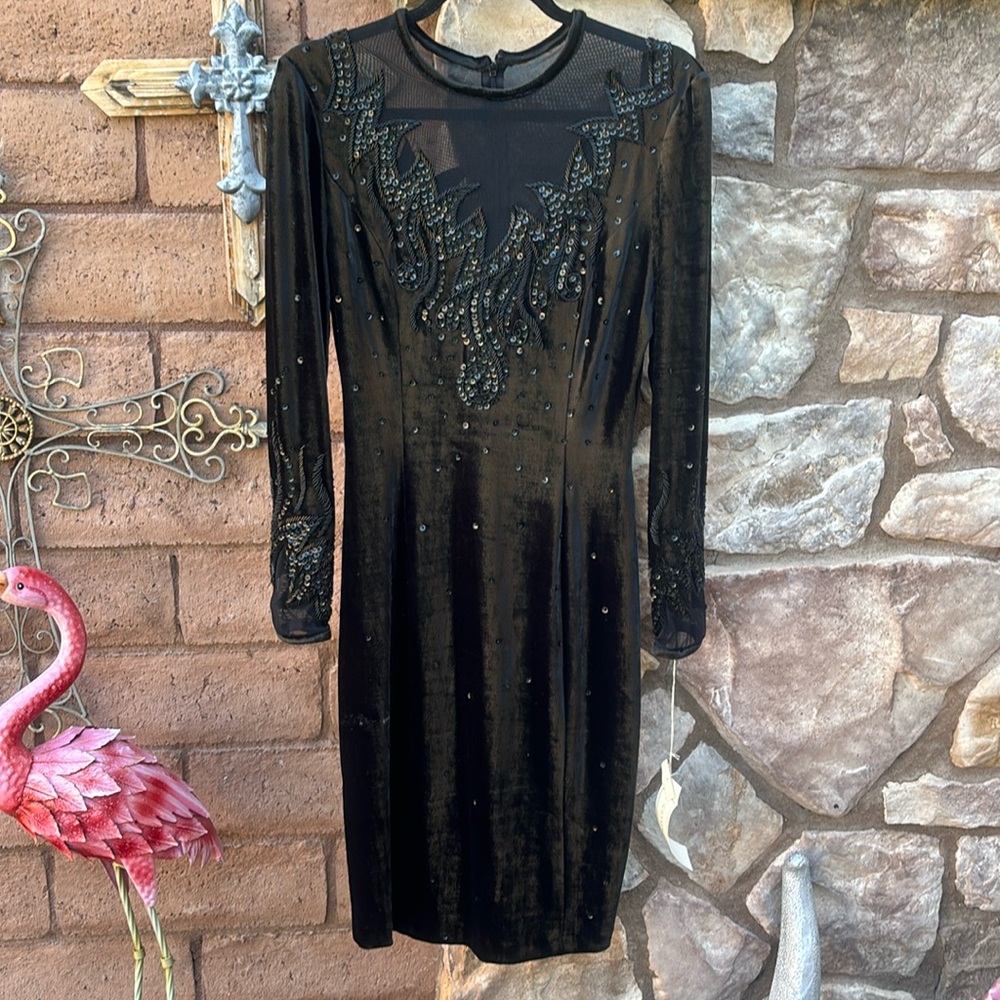 Orlando Rossi Black Velvet Midi Dress Small Beaded Sequins Dark Romance NWT